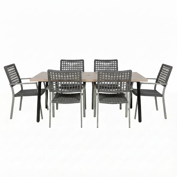 COMBO MESA RECTANGULAR TIPO MADERA Y 6 SILLAS DECORATIVAS GRIS