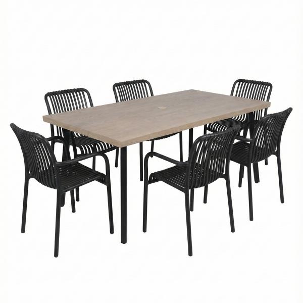 COMBO MESA RECTANGULAR TIPO MADERA Y 6 SILLAS NEGRAS PLÁSTICAS