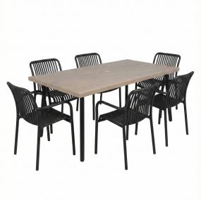 COMBO MESA RECTANGULAR TIPO MADERA Y 6 SILLAS NEGRAS PLÁSTICAS