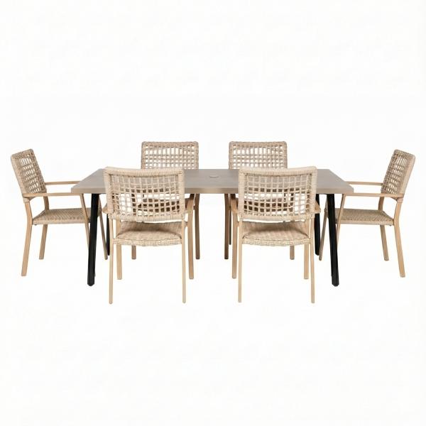 COMBO MESA RECTANGULAR TIPO MADERA Y 6 SILLAS DECORATIVAS BEIGE