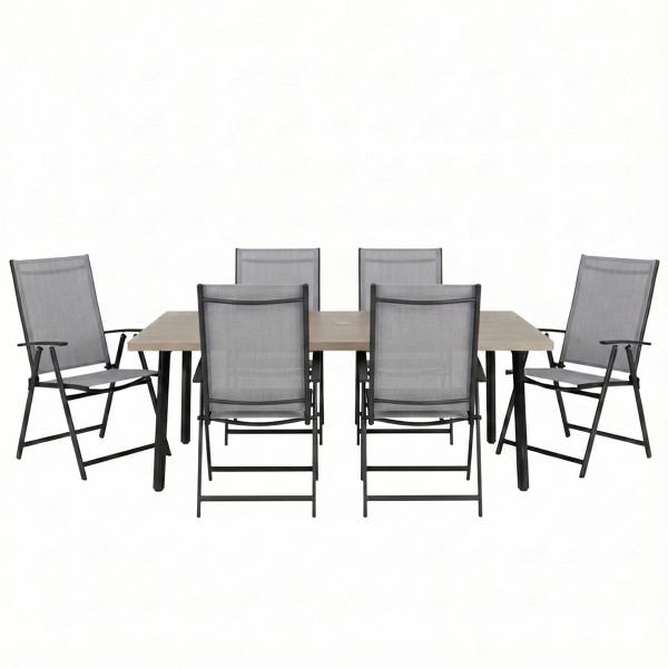 COMBO MESA RECTANGULAR TIPO MADERA Y 6 SILLAS PLEGABLES RIVERBED