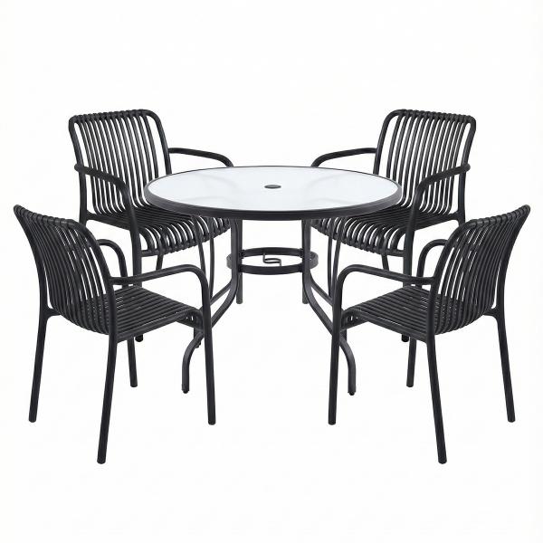 COMBO MESA CRISTAL REDONDA Y 4 SILLAS NEGRAS PLÁSTICAS