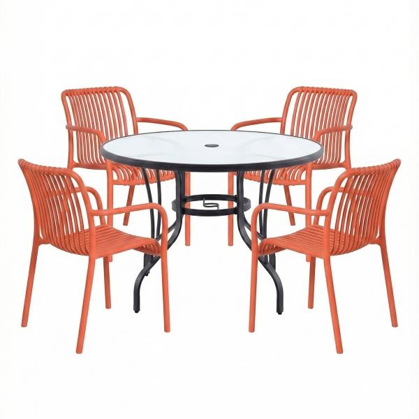 COMBO MESA CRISTAL REDONDA Y 4 SILLAS NARANJA ÓXIDO PLÁSTICAS