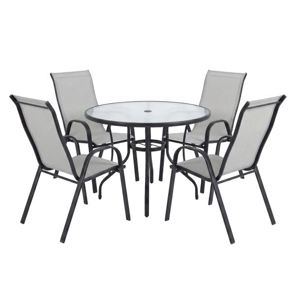 COMBO MESA CRISTAL REDONDA Y 4 SILLAS SLING ALTAS GRIS