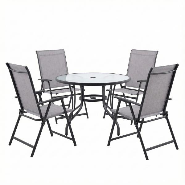 COMBO MESA CRISTAL REDONDA Y 4 SILLAS PLEGABLES RIVERBED