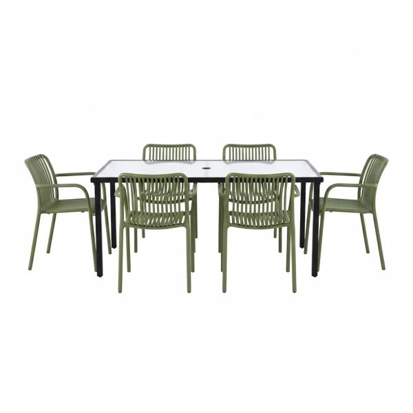 COMBO MESA CRISTAL RECTANGULAR Y 6 SILLAS VERDE OLIVO PLÁSTICAS