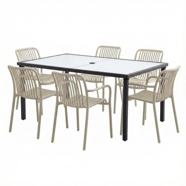 COMBO MESA CRISTAL RECTANGULAR Y 6 SILLAS BEIGE PLÁSTICAS