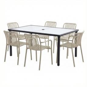 COMBO MESA CRISTAL RECTANGULAR Y 6 SILLAS BEIGE PLÁSTICAS
