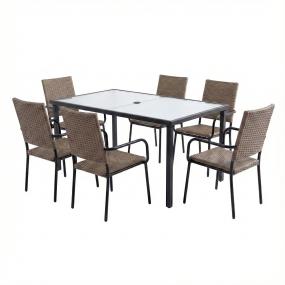 COMBO MESA CRISTAL RECTANGULAR Y 6 SILLAS ESTERWOOD RATTAN CAFÉ