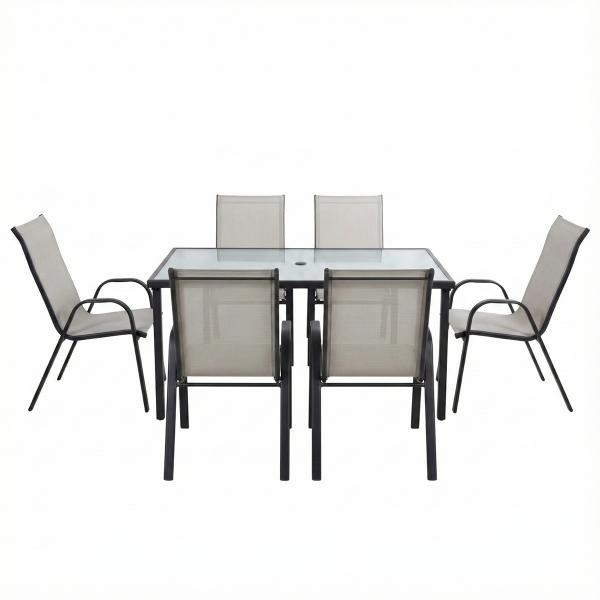 COMBO MESA CRISTAL RECTANGULAR Y 6 SILLAS SLING ALTAS GRIS