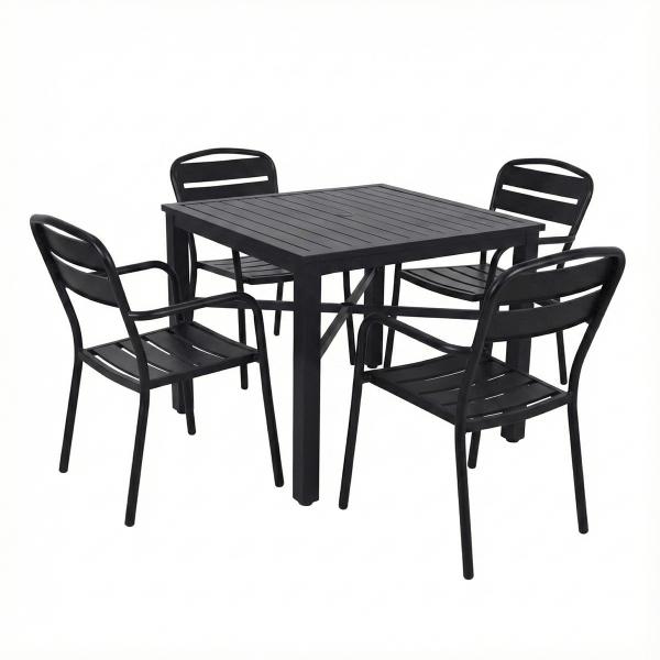 COMBO MESA NEGRA SLATS CUADRADA Y 4 SILLAS METÁLICAS NEGRAS