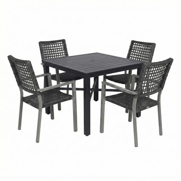 COMBO MESA NEGRA SLATS CUADRADA Y 4 SILLAS DECORATIVAS GRIS