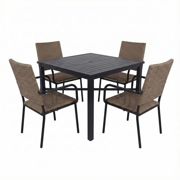 COMBO MESA NEGRA SLATS CUADRADA Y 4 SILLAS ESTERWOOD RATTAN CAFÉ