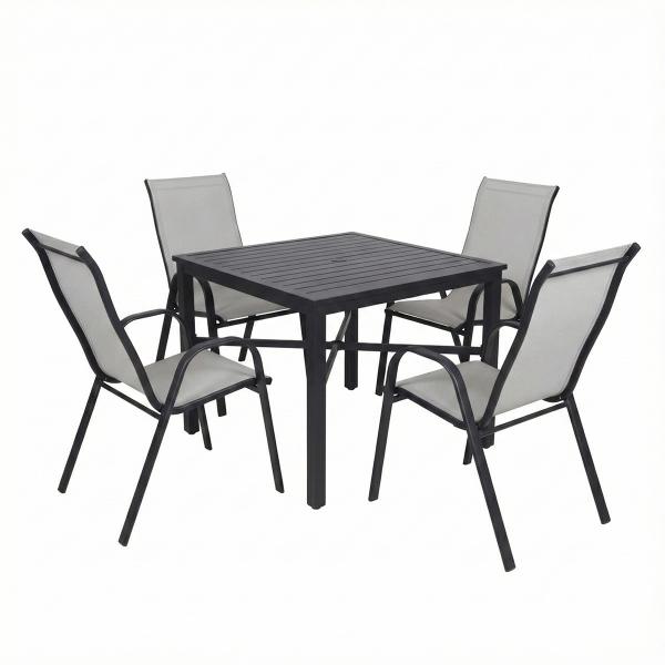 COMBO MESA NEGRA SLATS CUADRADA Y 4 SILLAS SLING ALTAS GRIS