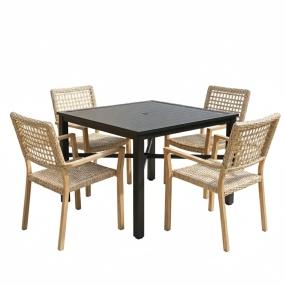 COMBO MESA NEGRA SLATS CUADRADA Y 4 SILLAS DECORATIVAS BEIGE