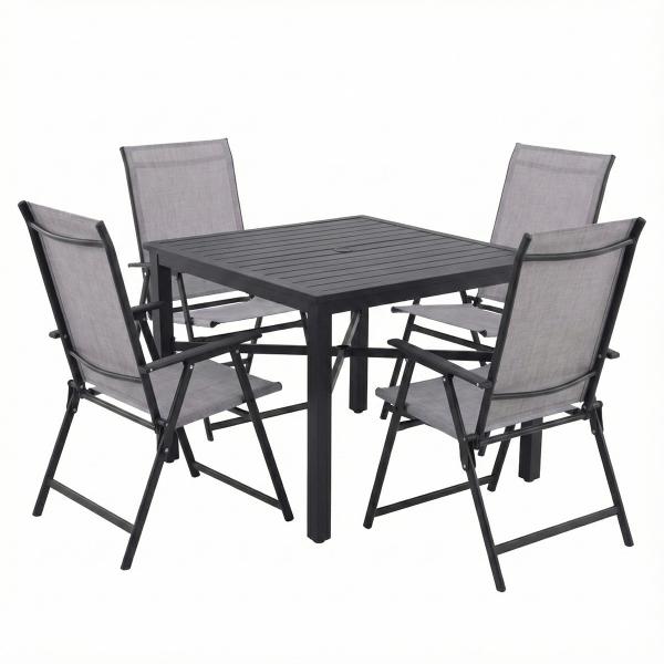 COMBO MESA NEGRA SLATS CUADRADA Y 4 SILLAS PLEGABLES RIVERBED