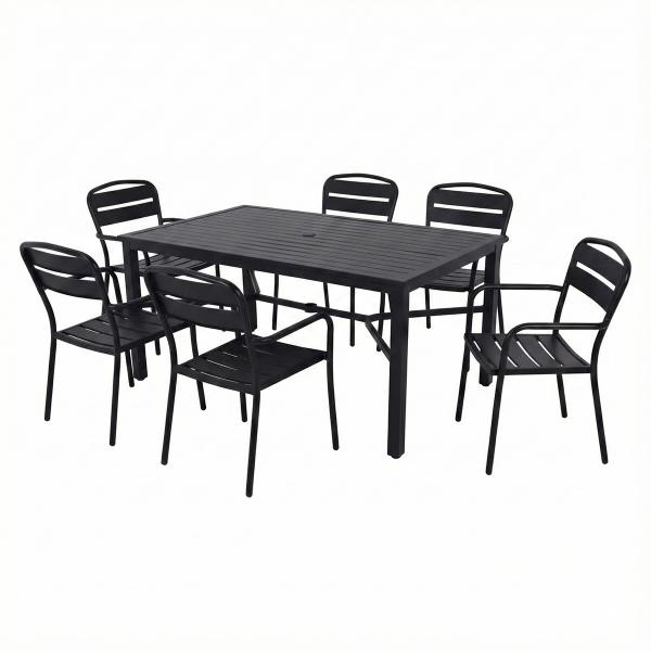 COMBO MESA NEGRA SLATS RECTANGULAR Y 6 SILLAS METÁLICAS NEGRAS