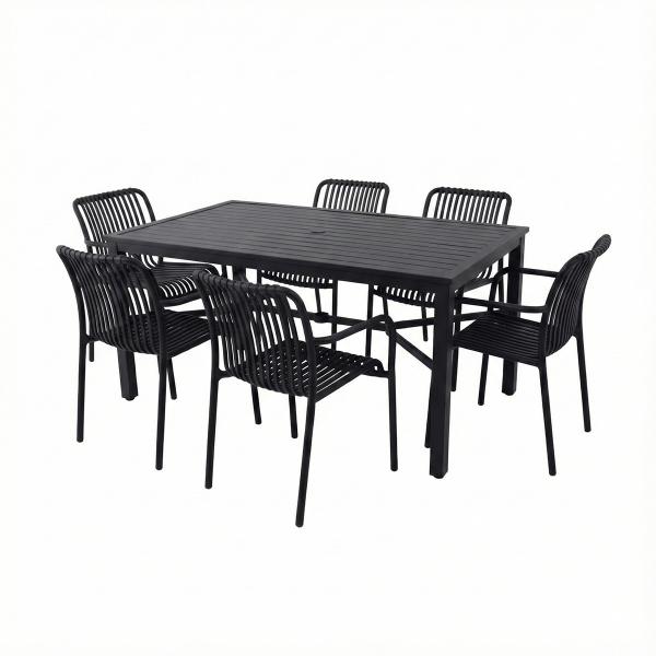 COMBO MESA NEGRA SLATS RECTANGULAR Y 6 SILLAS NEGRA PLÁSTICAS