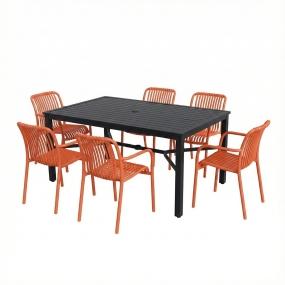 COMBO MESA NEGRA SLATS RECTANGULAR Y 6 SILLAS NARANJA ÓXIDO PLÁSTICAS