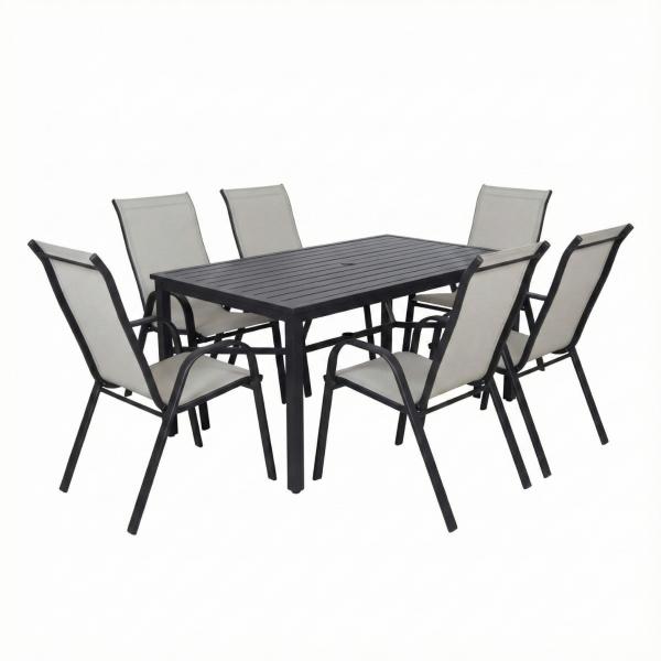 COMBO MESA NEGRA SLATS RECTANGULAR Y 6 SILLAS SLING ALTAS GRIS