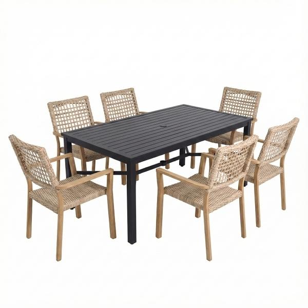 COMBO MESA NEGRA SLATS RECTANGULAR Y 6 SILLAS DECORATIVAS BEIGE