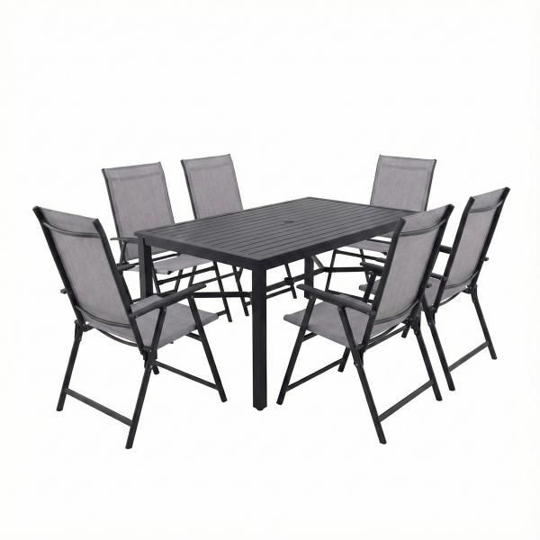 COMBO MESA NEGRA SLATS RECTANGULAR Y 6 SILLAS PLEGABLES RIVERBED