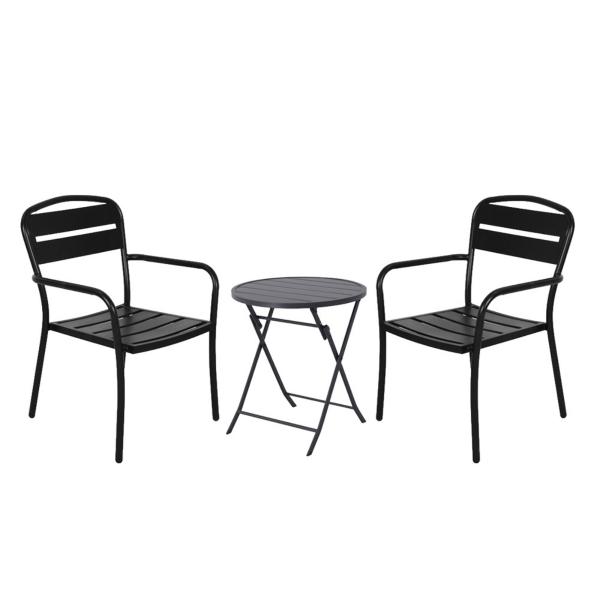 COMBO MESA NEGRA SLATS PLEGABLE Y 2 SILLAS METÁLICAS NEGRAS