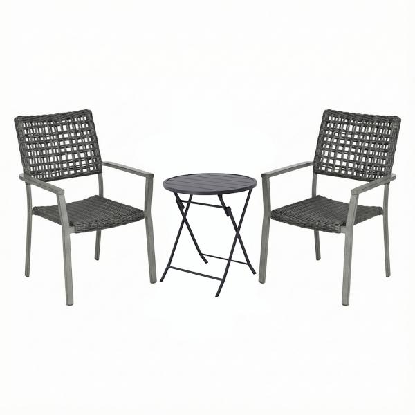 COMBO MESA NEGRA SLATS PLEGABLE Y 2 SILLAS DECORATIVAS GRIS