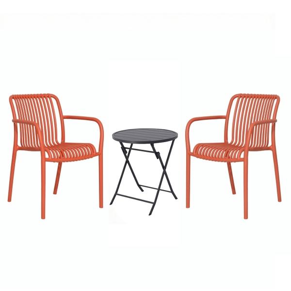 COMBO MESA NEGRA SLATS PLEGABLE Y 2 SILLAS NARANJA ÓXIDO PLÁSTICAS