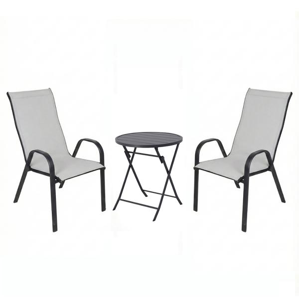 COMBO MESA NEGRA SLATS PLEGABLE Y 2 SILLAS SLING ALTAS GRIS