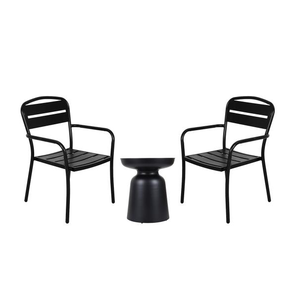 COMBO MESA LATERAL NEGRA Y 2 SILLAS NEGRAS METALICAS