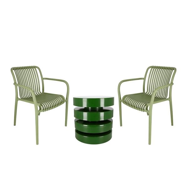 COMBO MESA DECORATIVA METÁLICA VERDE Y 2 SILLAS PLÁSTICO VERDE