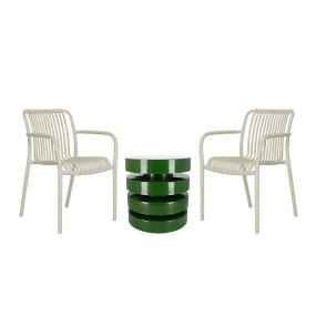 COMBO MESA DECORATIVA METALICA VERDE Y 2 SILLAS BEIGE