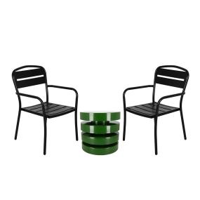 COMBO MESA DECORATIVA METALICA VERDE Y 2 SILLAS NEGRAS METALICAS