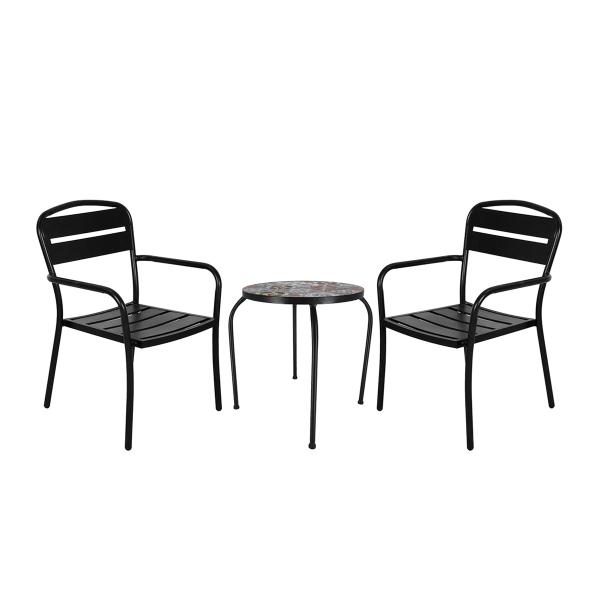 COMBO MESA LATERAL DE COLORES Y 2 SILLAS NEGRAS METALICAS