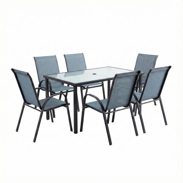 COMBO MESA CRISTAL RECTANGULAR Y 6 SILLAS SLING AZUL