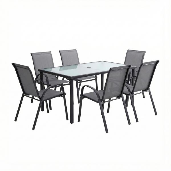 COMBO MESA CRISTAL RECTANGULAR Y 6 SILLAS SLING GRIS