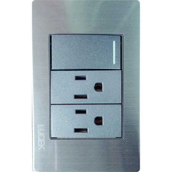 PLACA METÁLICA CON 1 INTERRUPTOR SENCILLO Y 2 CONTACTOS DE 1 MÓDULO ANODIZADO