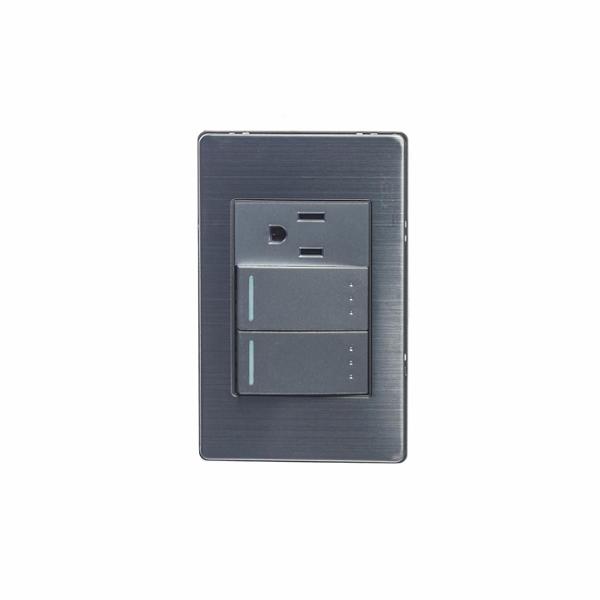 PLACA METÁLICA CON 2 INTERRUPTORES DE ESCALERA Y 1 CONTACTO DE 1 MÓDULO PLATEADO