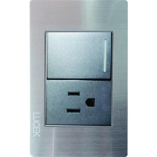 PLACA METÁLICA CON 1 INTERRUPTOR SENCILLO Y 1 CONTACTO DE 1.5 MÓDULOS ANODIZADO
