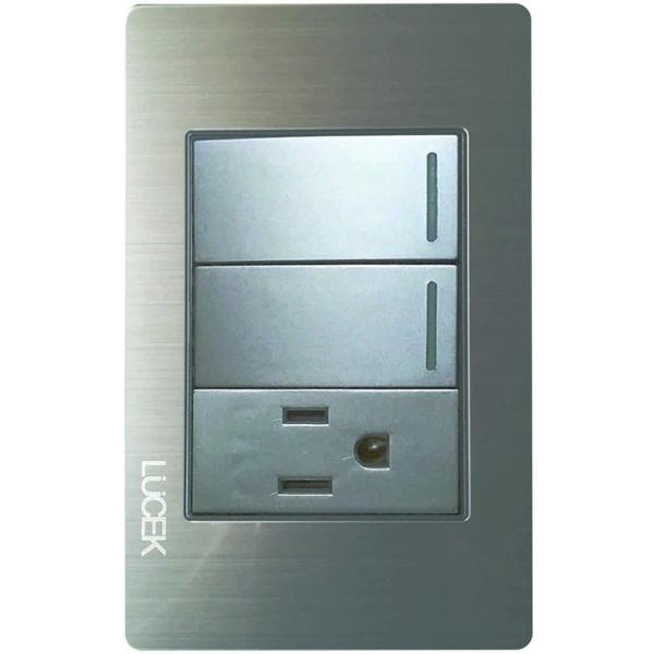 PLACA METÁLICA CON 2 INTERRUPTORES SENCILLOS Y 1 CONTACTO DE 1 MÓDULO PLATEADO