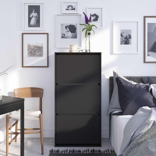 PLAYCON ZAPATERA COBA MINIMALISTA 18 PARES 3 PUERTAS TABURETE ORGANIZADOR NEGRO LISO