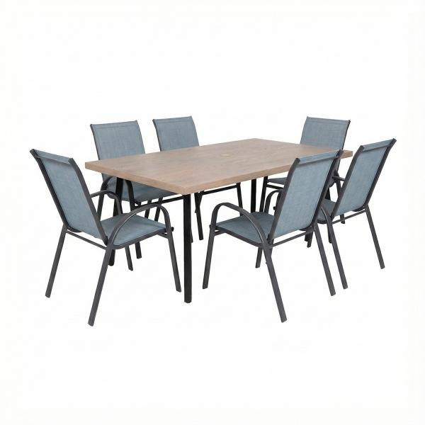 COMBO MESA TIPO MADERA Y 6 SILLAS SLING AZUL