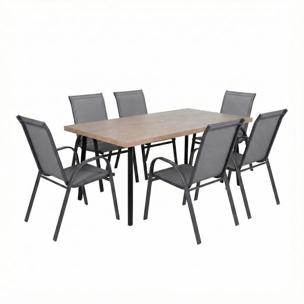 COMBO MESA TIPO MADERA Y 6 SILLAS SLING GRIS