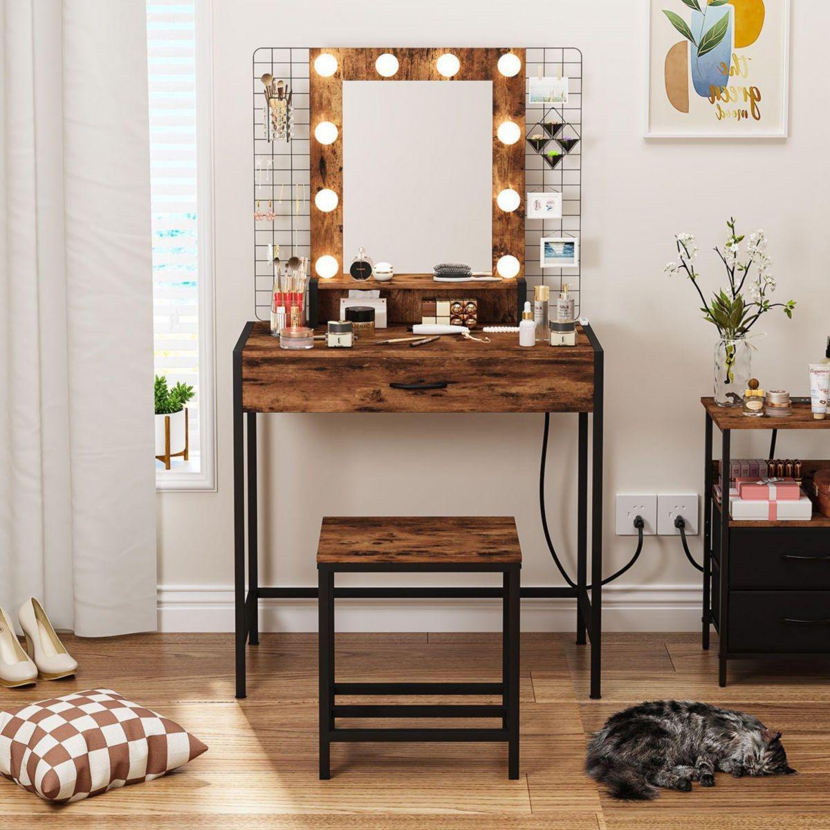 Conjunto de tocador con espejo y luces led vintage