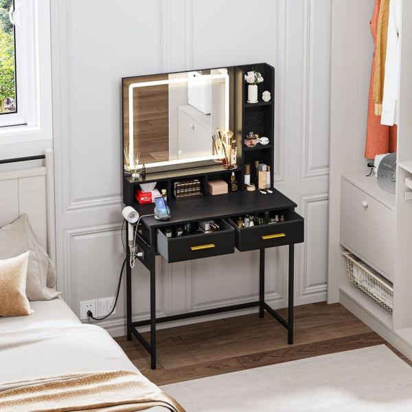 TOCADOR CON ESPEJO Y LUCES LED CON 3 CAJONES NEGRO
