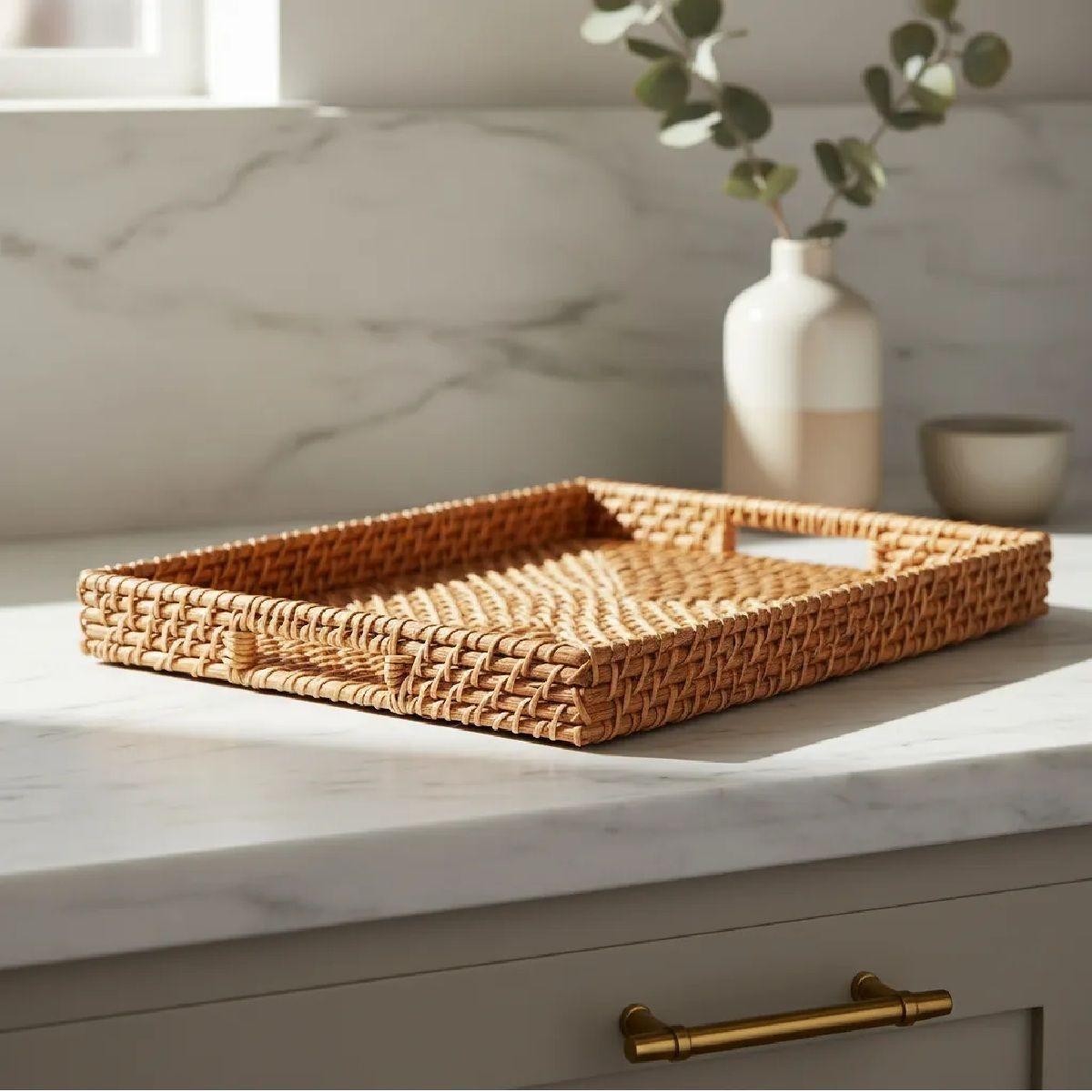 Charola de servicio de ratán martha stewart 40 cm, diseño tejido rectangular, color café, ideal para servir y decorar