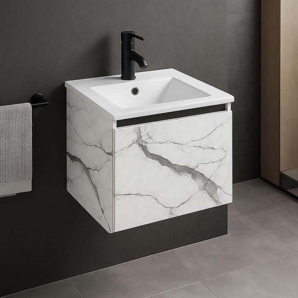 MUEBLE PARA BAÑO ASAL MARMOL BLANCO CON LAVABO BLANCO, LLAVE NEGRA Y DESAGÜES LISTO PARA INSTALAR