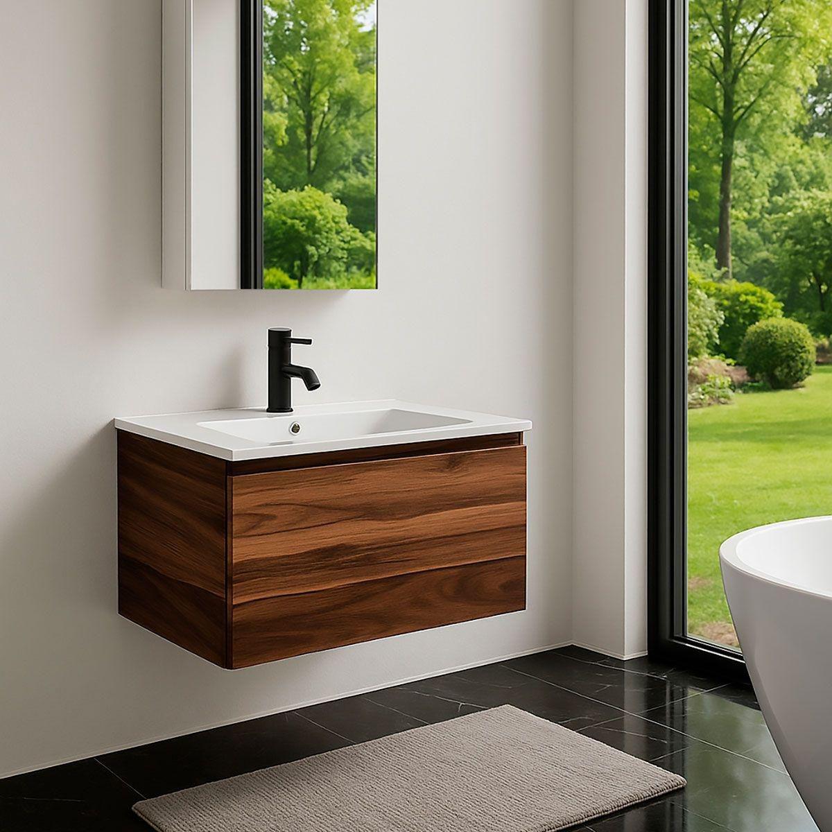 Mueble para baño buna tzalam con lavabo blanco, llave negra y desagües listo para instalar