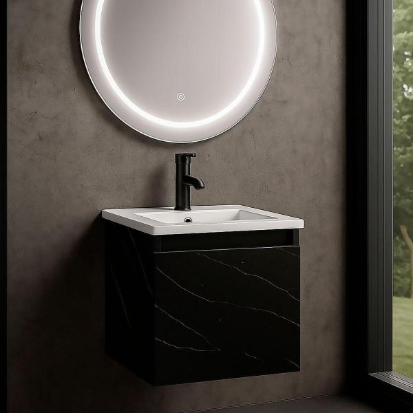 MUEBLE PARA BAÑO ASAL MARMOL NEGRO CON LAVABO BLANCO, LLAVE NEGRA Y DESAGÜES LISTO PARA INSTALAR